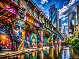 Obraz premium Vibrant graffiti art adorns a city bridge, intricate designs bursting with colorful energy, harmoniously blending with urban architecture's rugged beauty in a mesmerizing cityscape.
