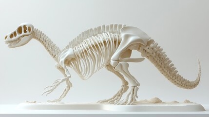 A detailed dinosaur skeleton model displayed on a white background.