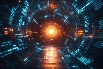 Obraz premium imposing digital fortress representing data security walls of binary code locks and shields protecting a central glowing core abstract technological aesthetic with cool blue and white tones