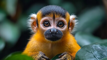 Fototapeta premium A close-up portrait of a small, yellow monkey with black facial features and large brown eyes.