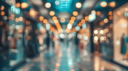 Fototapeta premium Abstract blur of a shopping mall corridor; defocused retail and hall interior with bokeh effect for business concepts
