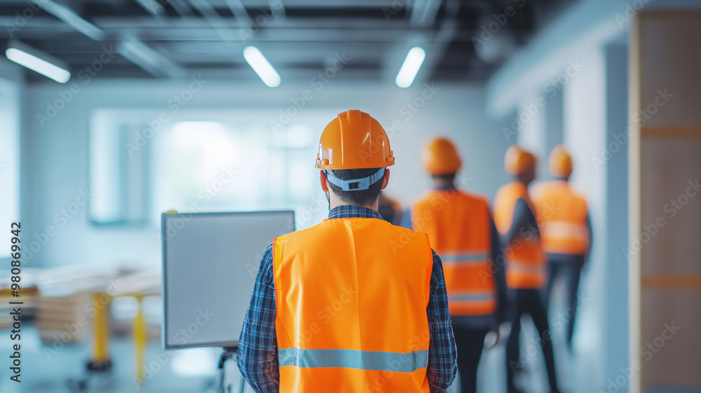 Poster group of architects in safety gear navigating through an under-construction building