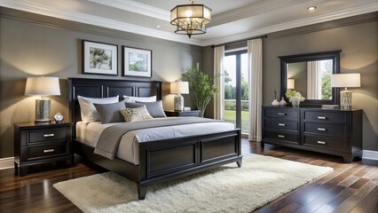 Elegant black bedroom furniture set with minimalist decor, white accents, and subtle textures, creating a sophisticated
