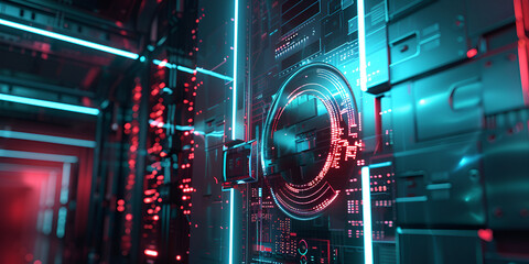 "Advanced Security System in a High-Tech Data Center"| "Futuristic Cyber Vault , a collection of sophisticated measures that protect a data center's physical infrastructure,