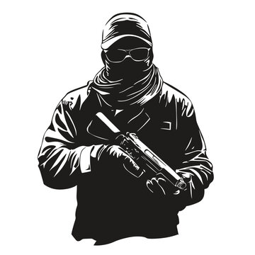 recommend clip art: vector silhouette of a criminal with a weapon on a white background .Generative AI
