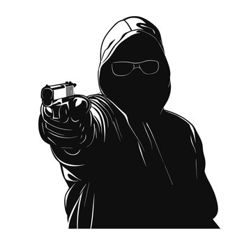 recommend clip art: vector silhouette of a criminal with a weapon on a white background .Generative AI