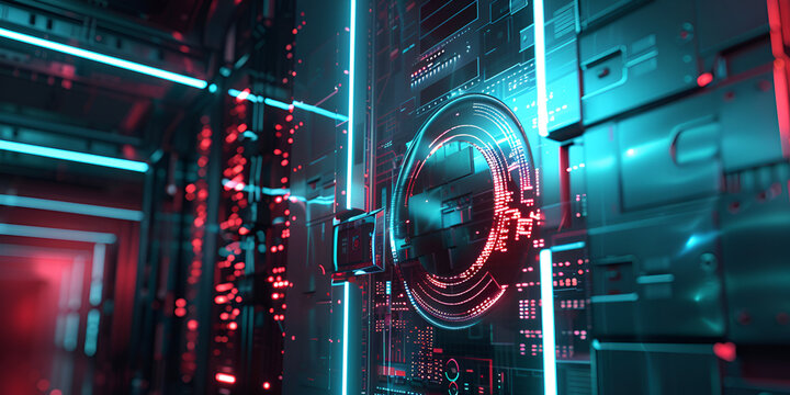 "Advanced Security System in a High-Tech Data Center"| "Futuristic Cyber Vault , a collection of sophisticated measures that protect a data center's physical infrastructure,