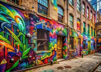 Naklejka premium Vibrant urban collage of spray-painted walls, layered with multicolored graffiti tags, swirls, and abstract shapes, blending street art with rebellious urban decay.