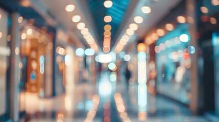 Abstract blur of a shopping mall corridor; defocused retail and hall interior with bokeh effect for business concepts