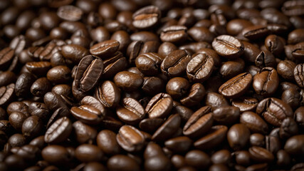 Close-up image of roasted coffee beans showcasing their rich, dark brown color and glossy texture.