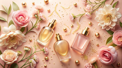 cosmetic background with cosmetic bottles