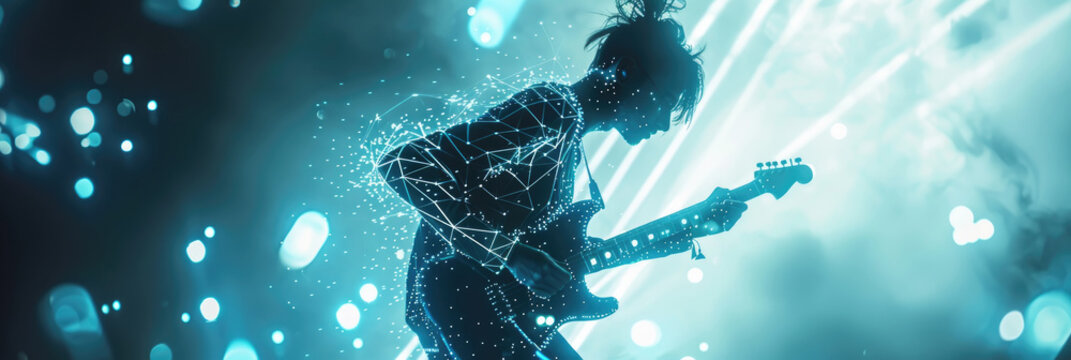 The performer captivates the audience while skillfully playing the guitar, surrounded by dazzling light effects and an enthusiastic crowd