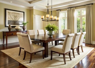 Fototapeta premium Elegant contemporary dining room set with sleek dark wood table, cream leather chairs, and ornate chandelier, against a