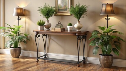 Elegant corner decoration featuring a sleek wooden console table with ornate metal legs, adorned with potted plants and