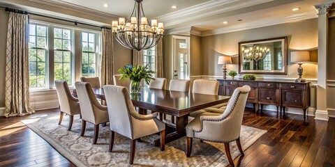 Elegant darker-toned wood dining set with upholstered chairs situated in a spacious, naturally lit Atlanta home