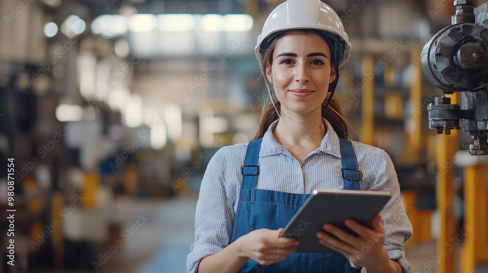 Poster Manager in a hardhat with a tablet, posing for a portrait in a factory setting