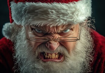 Close-up portrait of an angry Santa Claus wearing glasses and a beard, screaming in anger, isolated on a dark background.