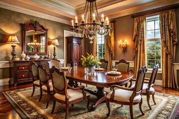 Fototapeta premium Elegant dining room features richly stained wooden furniture, ornate chandelier, and lavish fabrics, evoking classic
