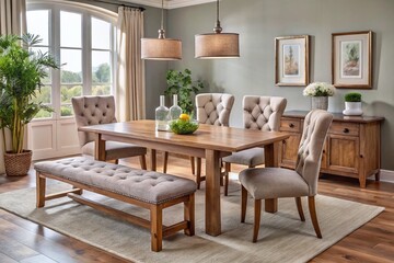 Elegant dining room furniture set featuring a rustic wooden table, matching chairs, and a comfortable upholstered