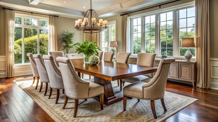 Elegant dining room setup with polished wood table and upholstered chairs, ready for staging and photography to