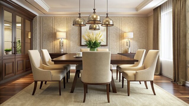 Elegant dining room with dark wood table, cream-colored chairs, and pendant light fixture, beautifully set against a