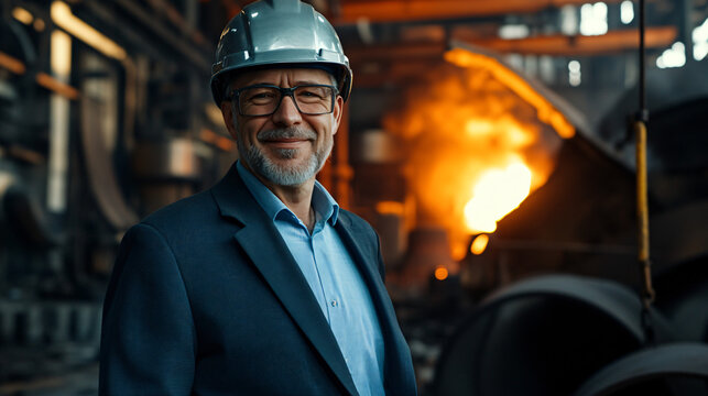 Smiling engineer poses in a steel mill with molten metal in the background