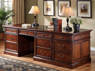 Elegant executive office credenza featuring eight spacious drawers, rich wood grain finish, and sleek metal hardware,