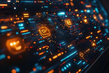 interactive holographic interface displaying chat icons for visuals audio text and code floating above sleek laptop world map backdrop with glowing network connections