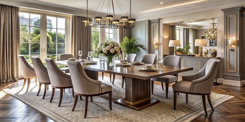 Fototapeta premium Elegant extensible dining table in a modern, well-lit room, beautifully set for a dinner party, surrounded by stylish
