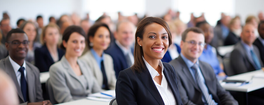 Professional gathering of diverse individuals at a conference in a well-lit auditorium during daytime