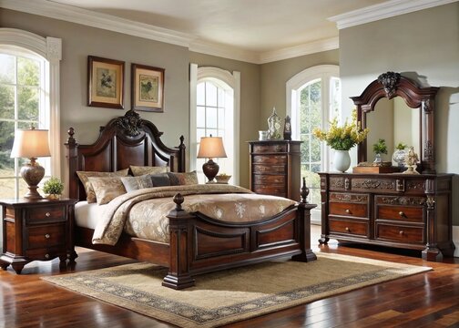 Elegant eight-piece queen bedroom furniture set featuring a stately bedframe, dresser, mirror, and nightstands in a