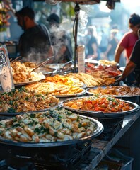 Obraz premium Lively Street Food Market With Diverse Cuisines and Vibrant Atmosphere