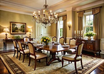 Elegant formal dining room with cream-colored walls, dark wood furniture, and ornate chandelier, set with fine china