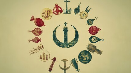 A collection of religious symbols from various faiths arranged in a harmonious circle