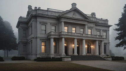 Fototapeta premium Luxurious grand mansion with columns and stairs under a foggy sky, surrounded by manicured gardens.