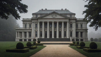 Fototapeta premium Luxurious grand mansion with columns and stairs under a foggy sky, surrounded by manicured gardens.