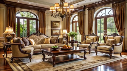 Elegant formal living room features richly toned wooden furniture, ornate metal accents, and plush cream-colored