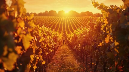 Picturesque Autumn Vineyard Landscape at Sunset with Glowing Golden Foliage