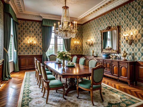 Elegant formal dining room with wooden table, upholstered chairs, and ornate chandelier, set against a backdrop of