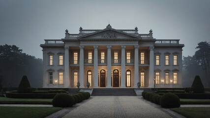 Obraz premium Luxurious grand mansion with columns and stairs under a foggy sky, surrounded by manicured gardens.