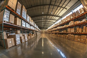 A wide shot of a large warehouse with rows of shelves stacked with cardboard boxes.