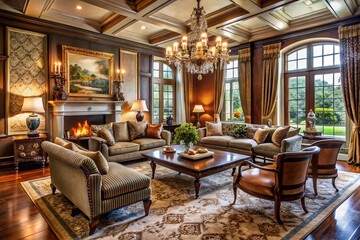 Fototapeta premium Elegant living room designed by a renowned interior designer, featuring rich textures, ornate furnishings, and a