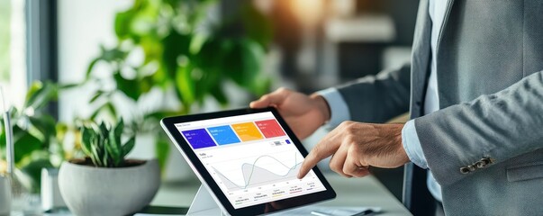 Business professional reviewing green investment performance on a tablet, modern office background, Green investments initiative