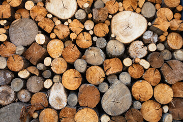 Closeup of log pile textured background