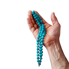 A hand holding pray tasbih isolated on transparent background, PNG file