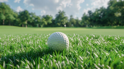A golf ball lies on vibrant green grass, surrounded by trees on a sunny day, highlighting the perfect conditions for an afternoon round of golf