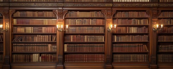 Obraz premium Grand wooden bookshelves filled with leather-bound volumes, intricate carvings and soft candlelight, classic bookshelves, literary elegance, Classical literary collections