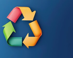 Colorful recycling symbol on a blue background, representing sustainability and eco-friendliness in modern design.