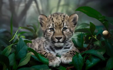 Fototapeta premium A baby leopard with big blue eyes, resting in lush green jungle foliage, looking curiously ahead. 