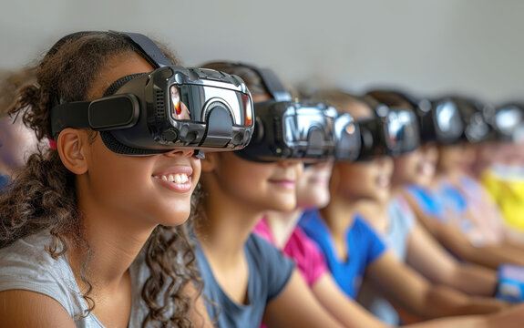A group of children experiencing virtual reality with headsets in a classroom setting, exploring new technology and immersive learning experiences